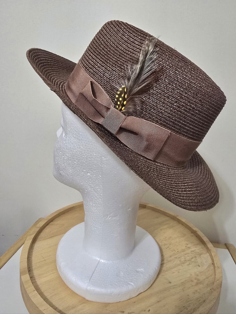 Vtg Park Royal Men's Brown Fedora Straw Hat Genuine Hemp Feather Ribbon Size S.